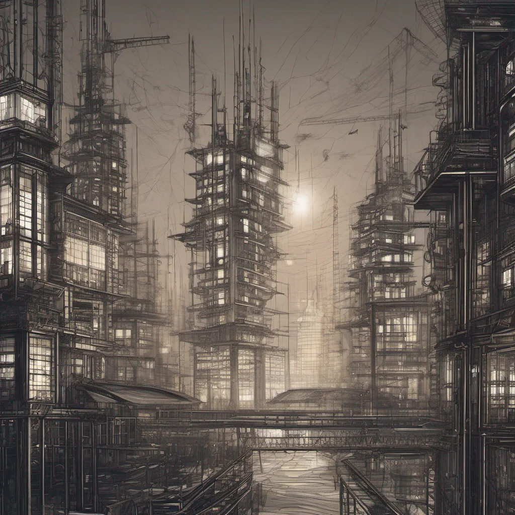 modern city with skyscrapers under construction at night steampunk ethereal photographic line art good looking trending fantastic 1