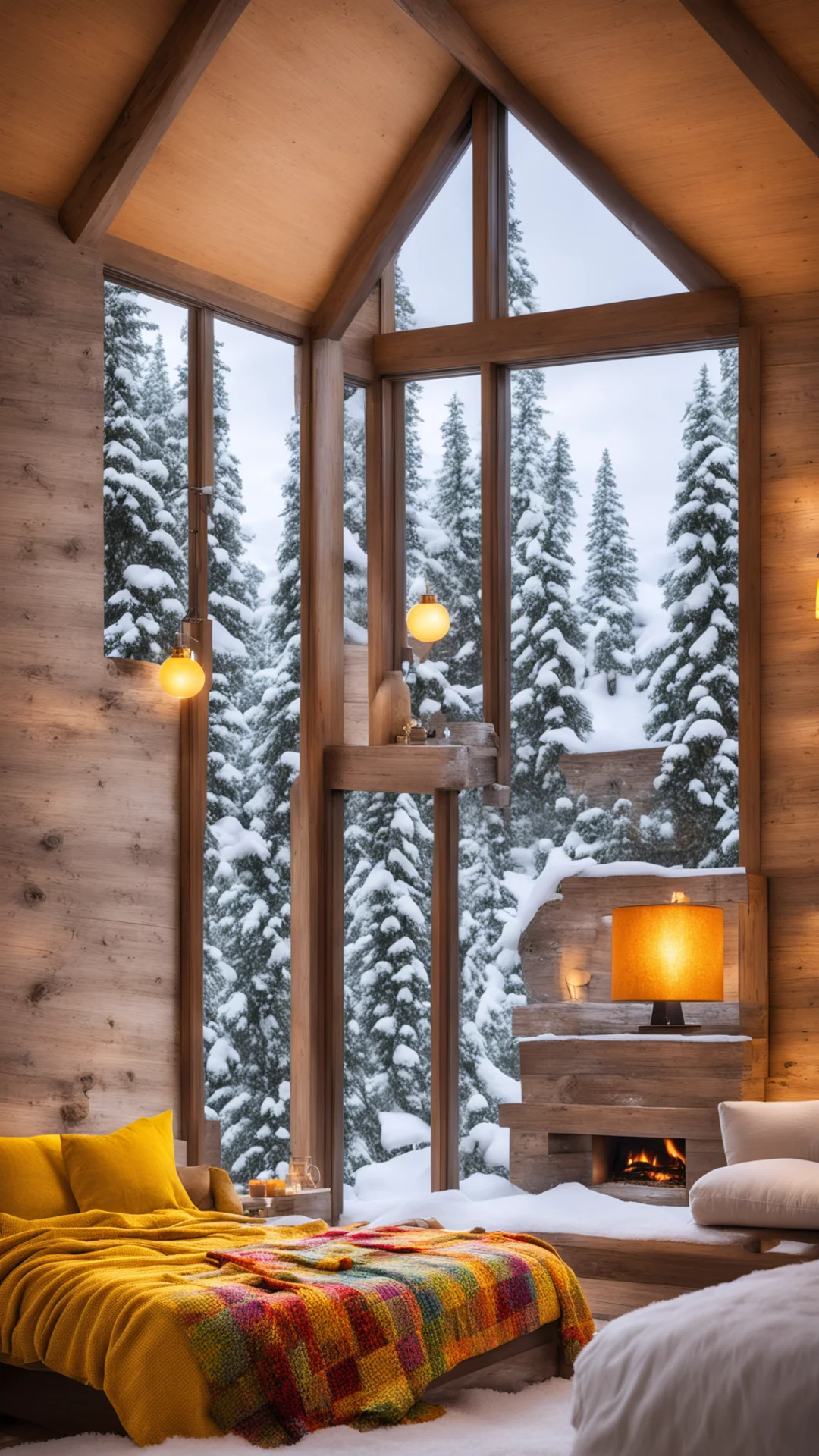 aimodern two storey chalet with a double bed and a colorful blanket on it%2C yellow lamps on the walls%2C fireplace burning%2C snow falling through the big window amazing awesome portrait 2 tall