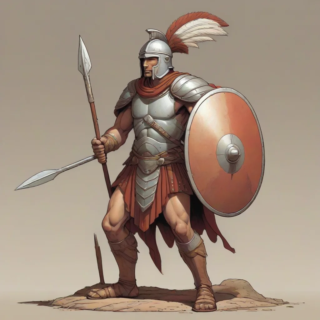 aimoebius style illustration of a hoplite wearing a spear and shield