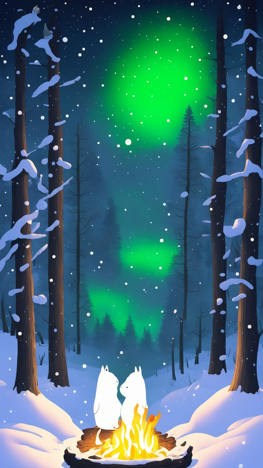 moomintroll and snorkmaiden on a snowy night in the forest by a campfire hugging and looking at the aurora and stars amazing awesome portrait 2 tall