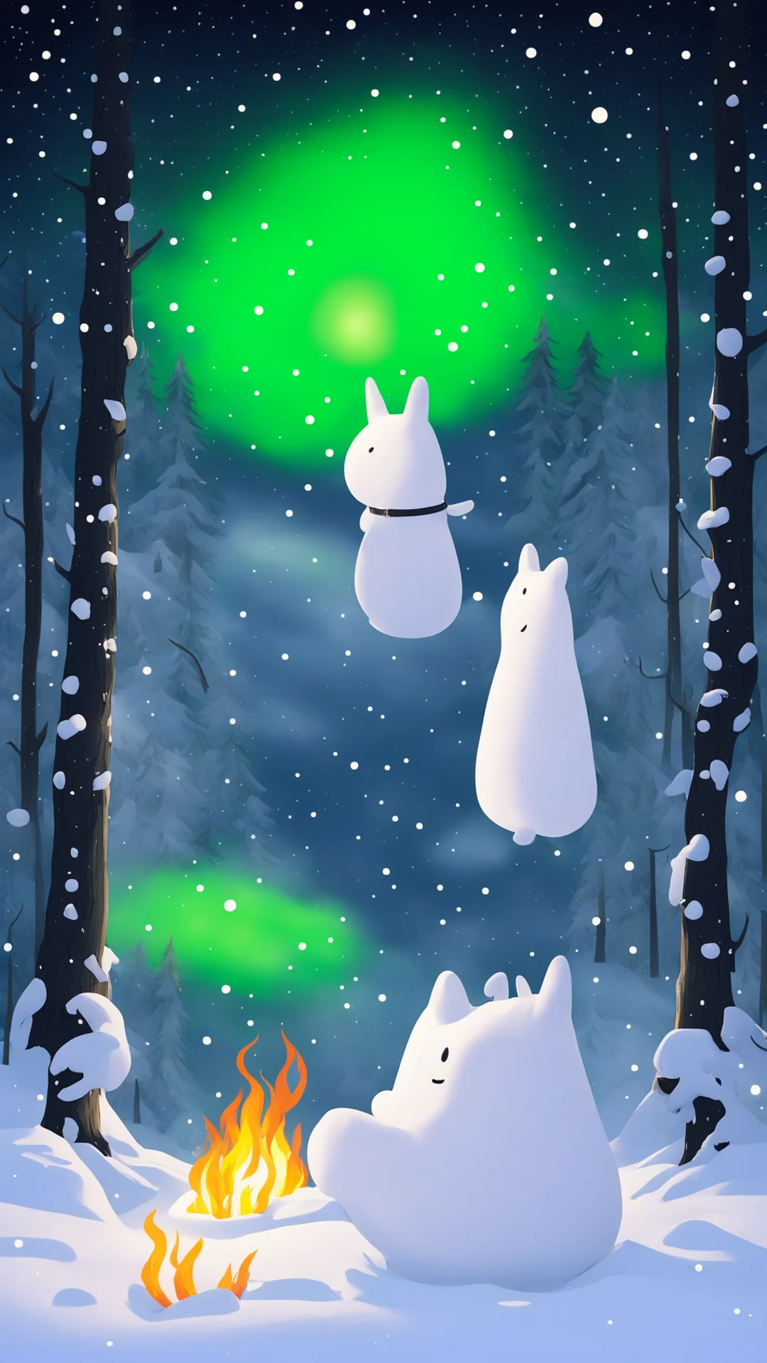 moomintroll and snorkmaiden on a snowy night in the forest by a campfire hugging and looking at the aurora and stars good looking trending fantastic 1 tall
