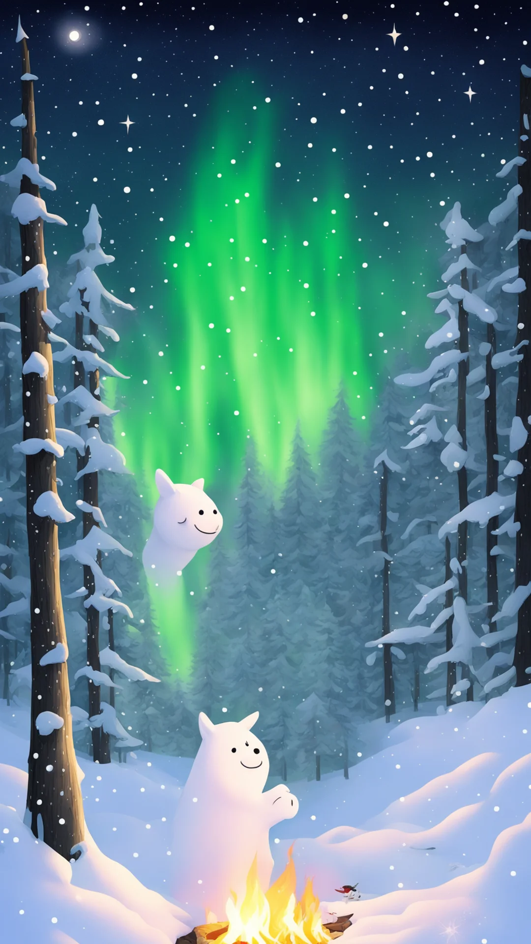 moomintroll and snorkmaiden on a snowy night in the forest by a campfire hugging and looking at the aurora and stars tall