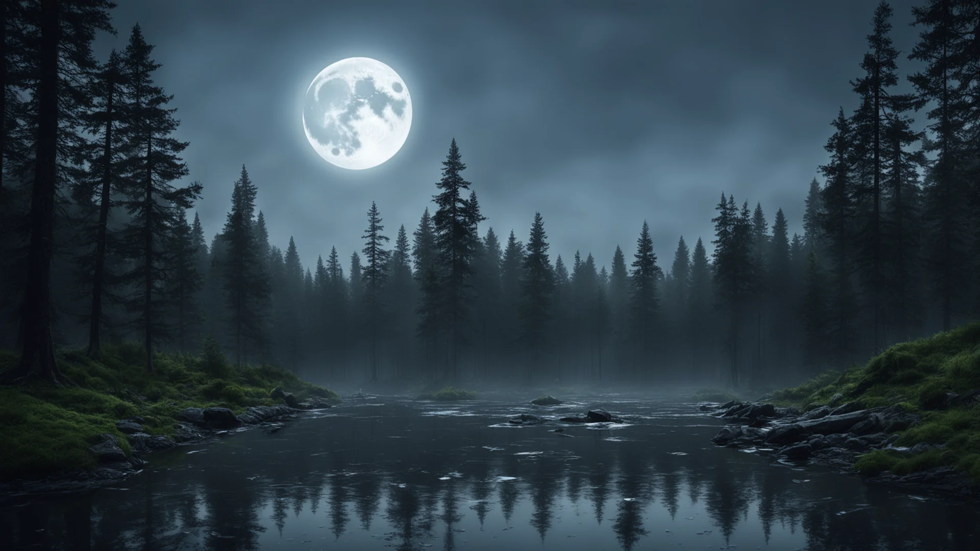moonlit forest lake moonshine rain cinematic detailed epic trending lonely environment woods amazing awesome portrait 2 wide