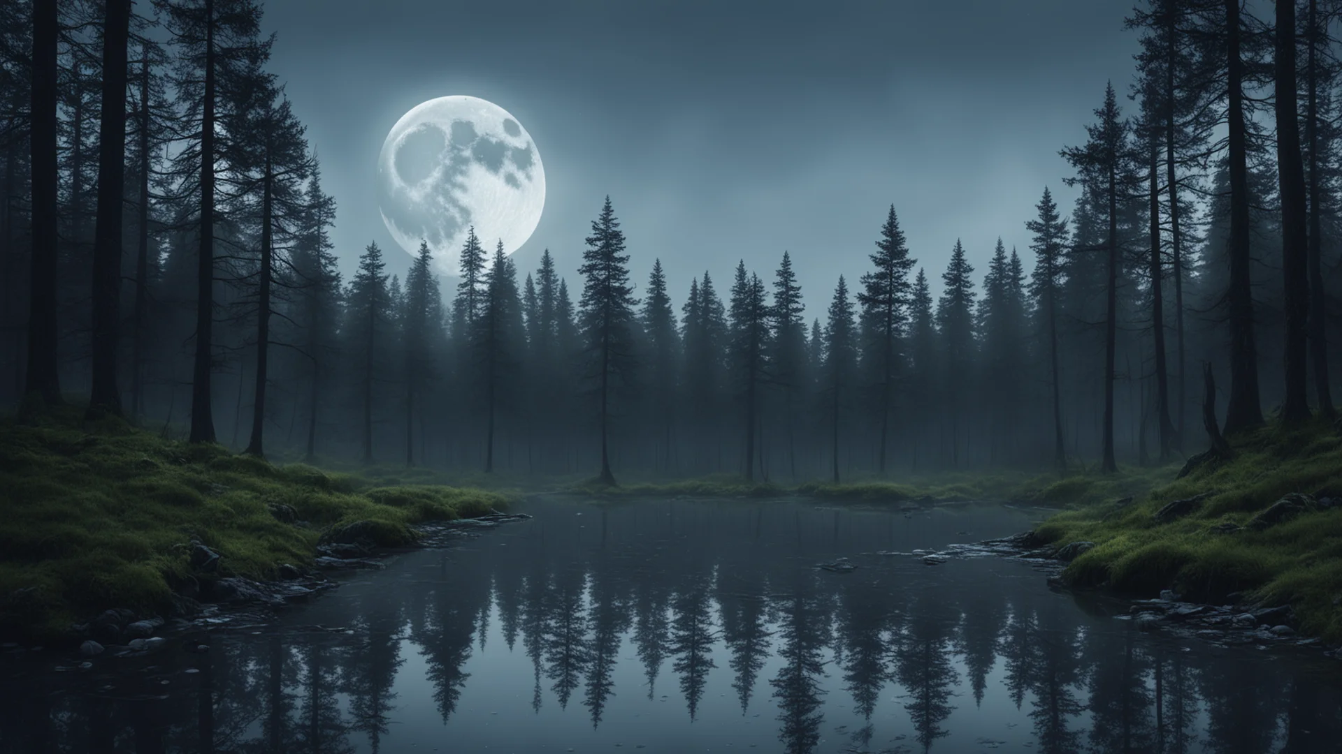 moonlit forest lake moonshine rain cinematic detailed epic trending lonely environment woods confident engaging wow artstation art 3 wide