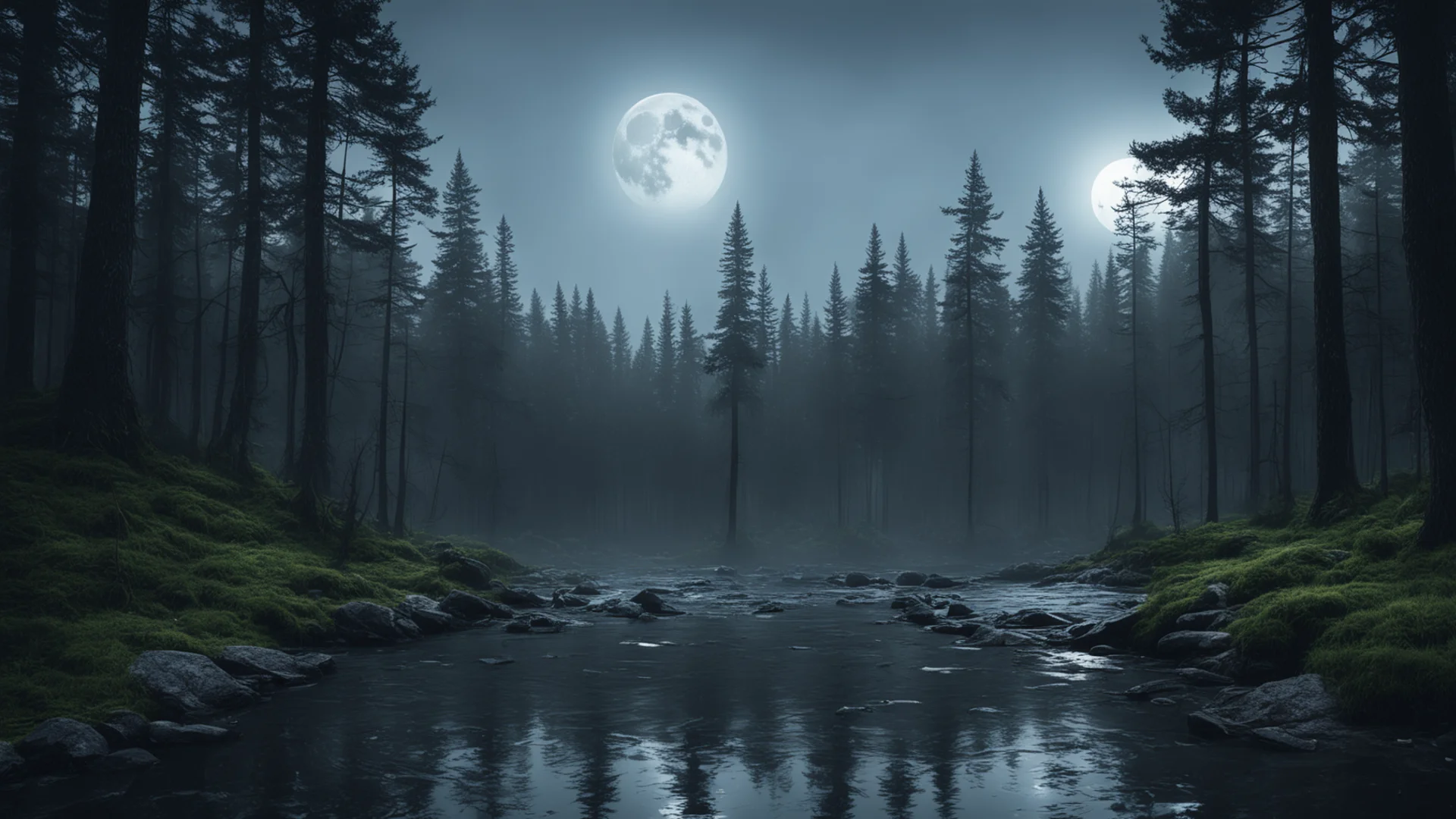 moonlit forest lake moonshine rain cinematic detailed epic trending lonely environment woods good looking trending fantastic 1 wide
