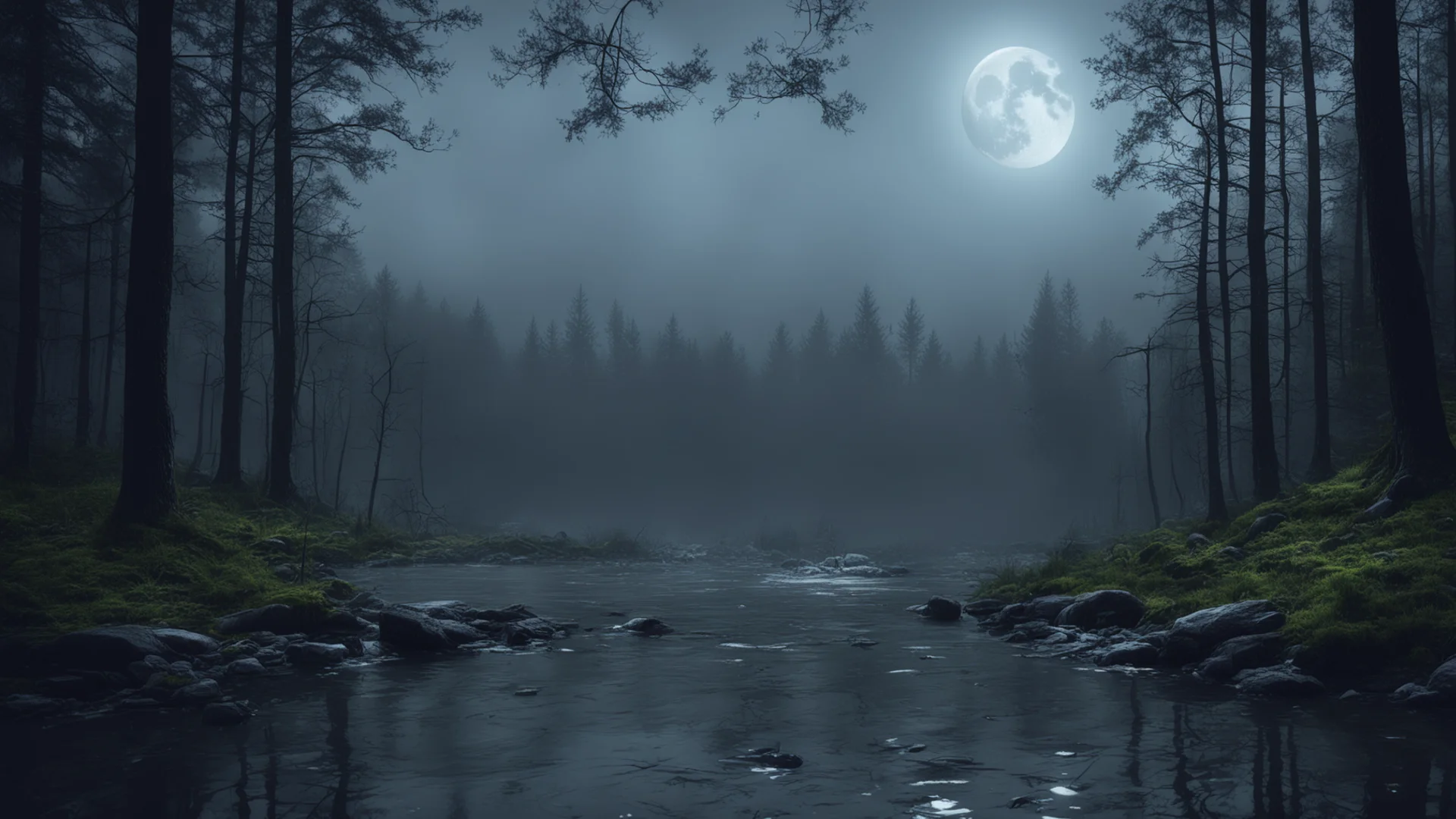 moonlit forest lake moonshine rain cinematic detailed epic trending lonely environment woods wide