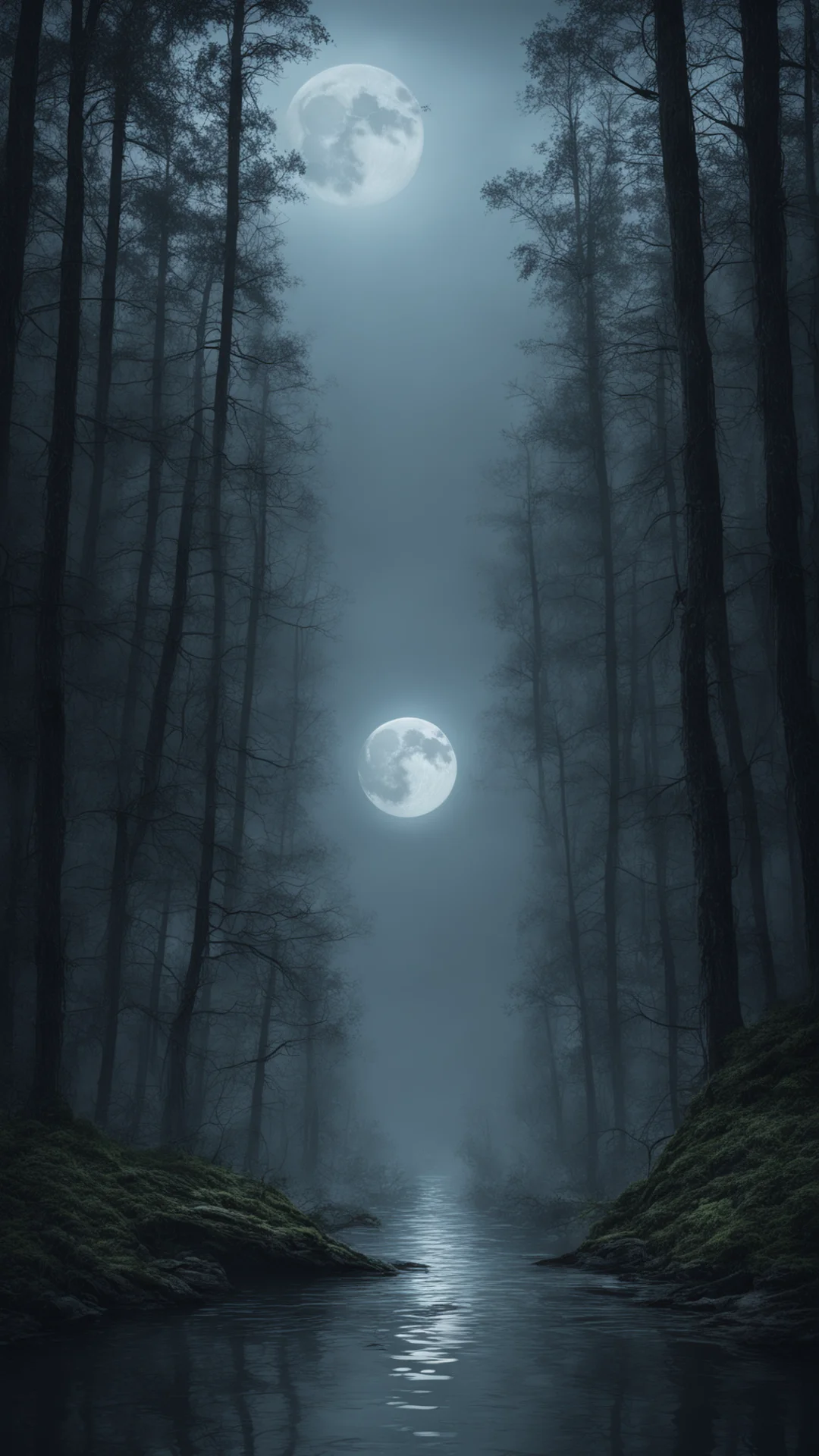 aimoonlit forest spooky lake moonshine rain cinematic detailed epic trending lonely environment woods amazing awesome portrait 2 tall