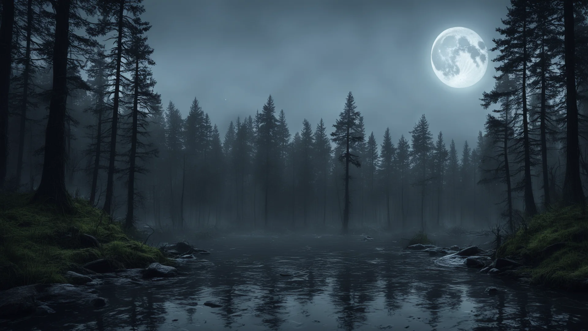 moonlit forest spooky lake moonshine rain cinematic detailed epic trending lonely environment woods confident engaging wow artstation art 3 wide
