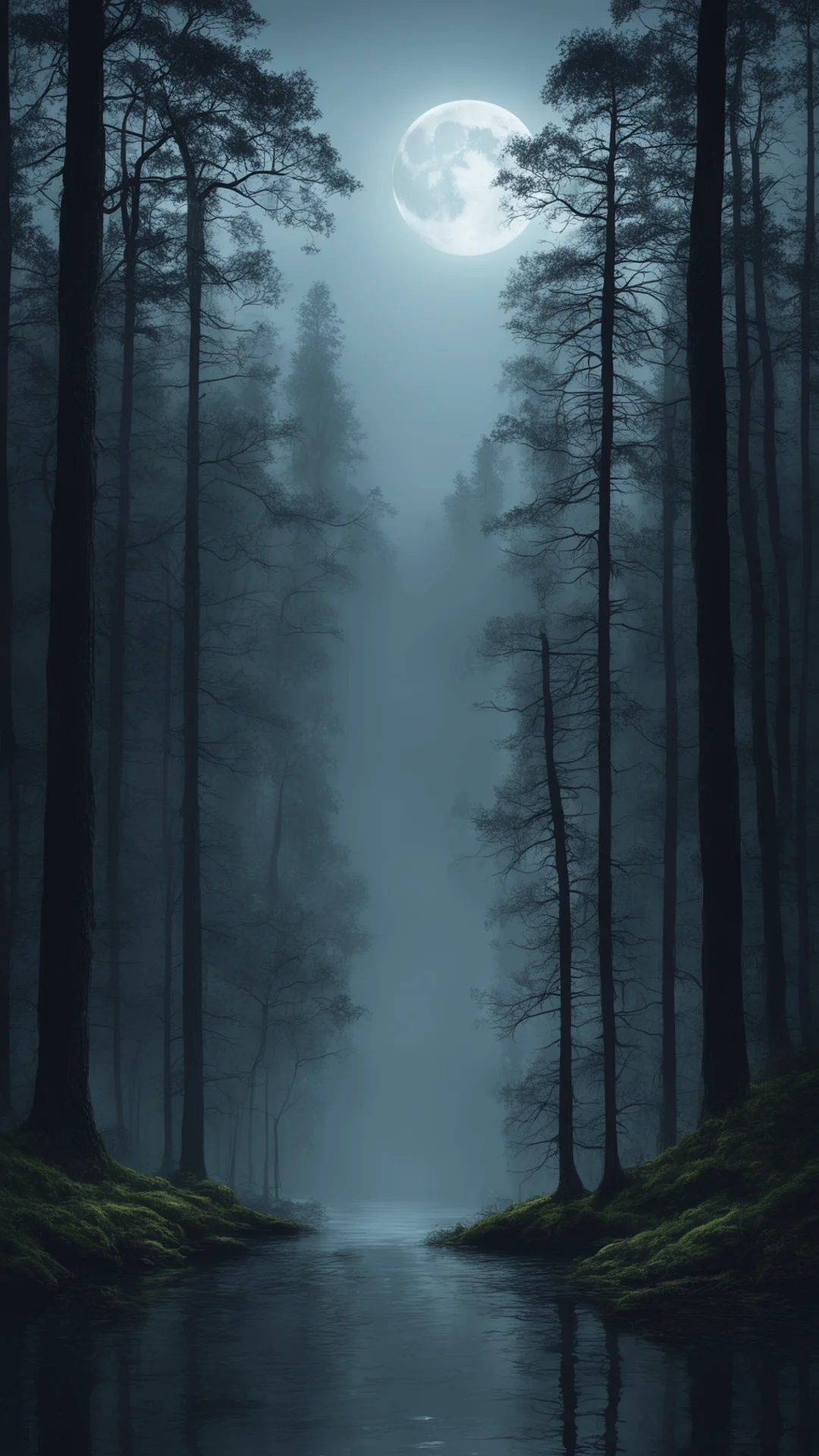 moonlit forest spooky lake moonshine rain cinematic detailed epic trending lonely environment woods tall