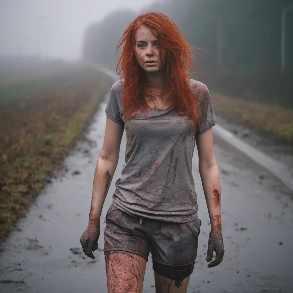 muddy german girl messy red hair  in messy muddy jogging shorts in front of her dirty grey skoda foggy  autobahn amazing awesome portrait 2