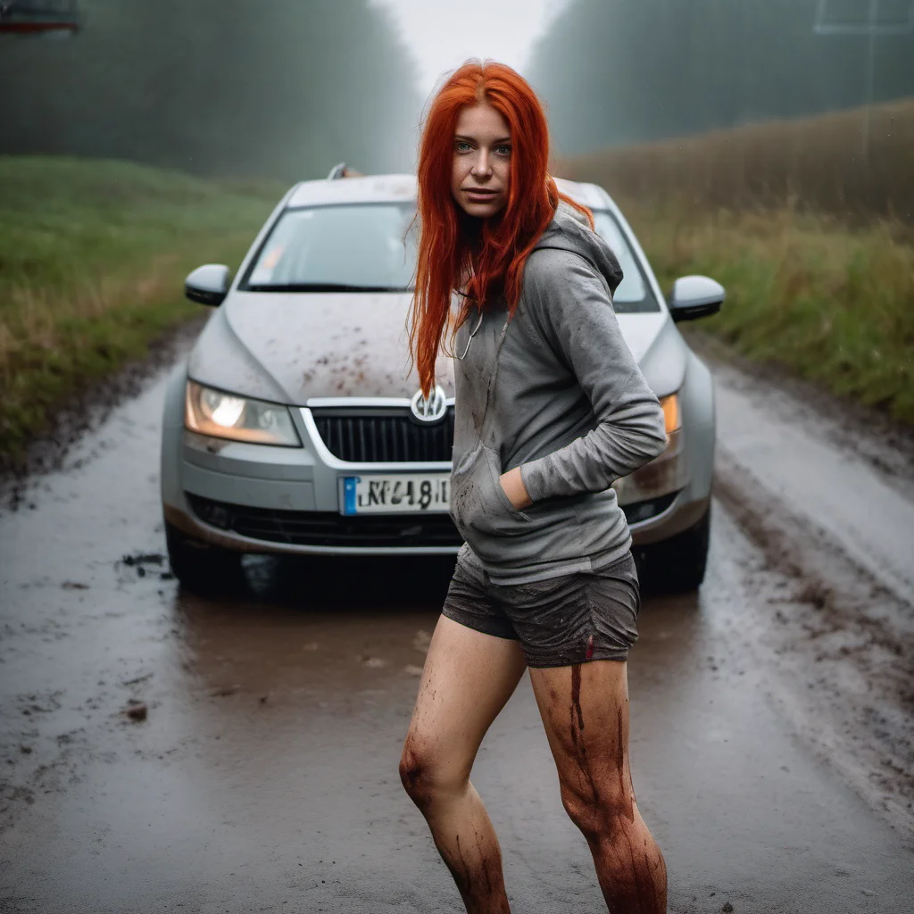 muddy german girl messy red hair  in messy muddy jogging shorts in front of her dirty grey skoda foggy  autobahn confident engaging wow artstation art 3