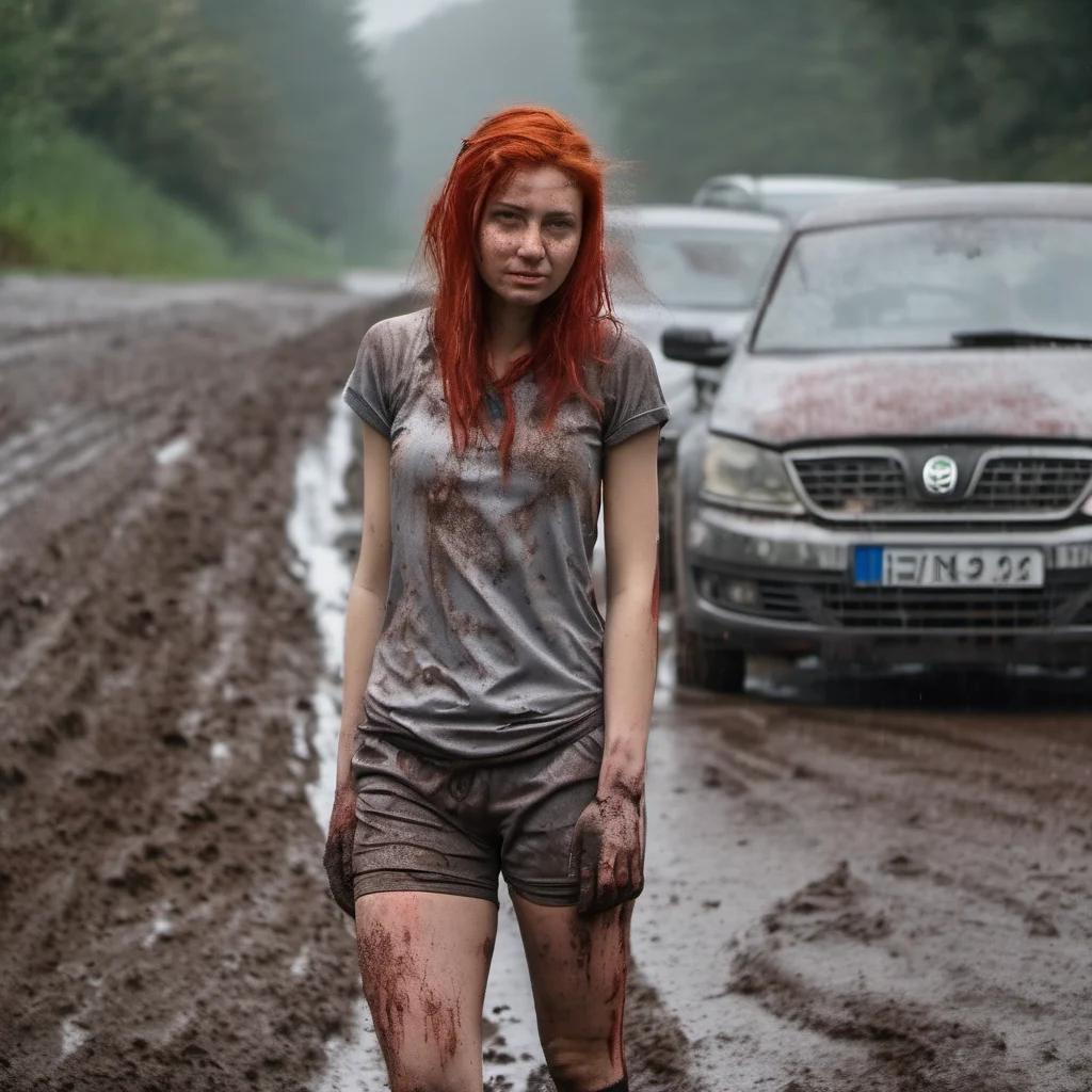 muddy german girl messy red hair  in messy muddy jogging shorts in front of her dirty grey skoda foggy  autobahn good looking trending fantastic 1