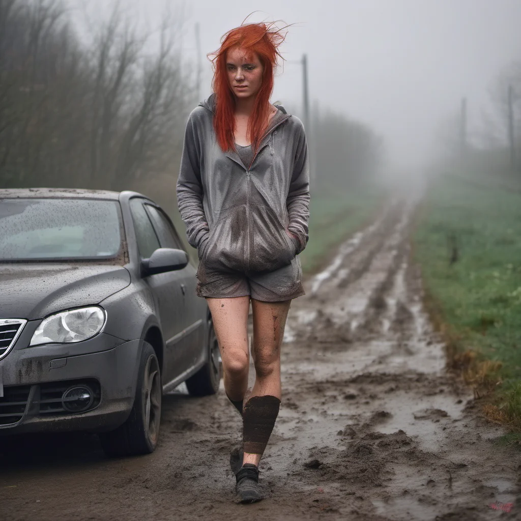 muddy german girl messy red hair  in messy muddy jogging shorts in front of her dirty grey skoda foggy  autobahn