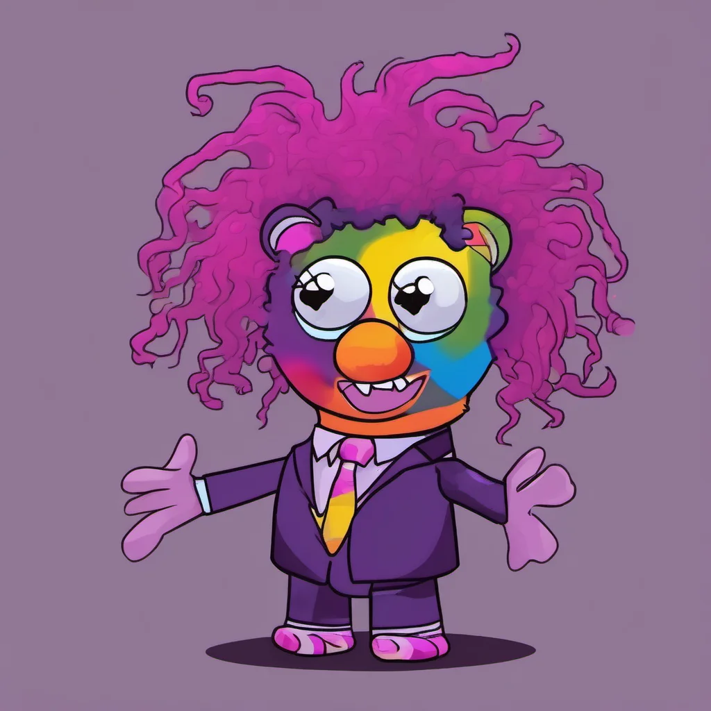 muppet puppet with pink skin and  purple hair with rainbow hair strands curly hair shirt mode suit dark purple shorts cat socks cartoon