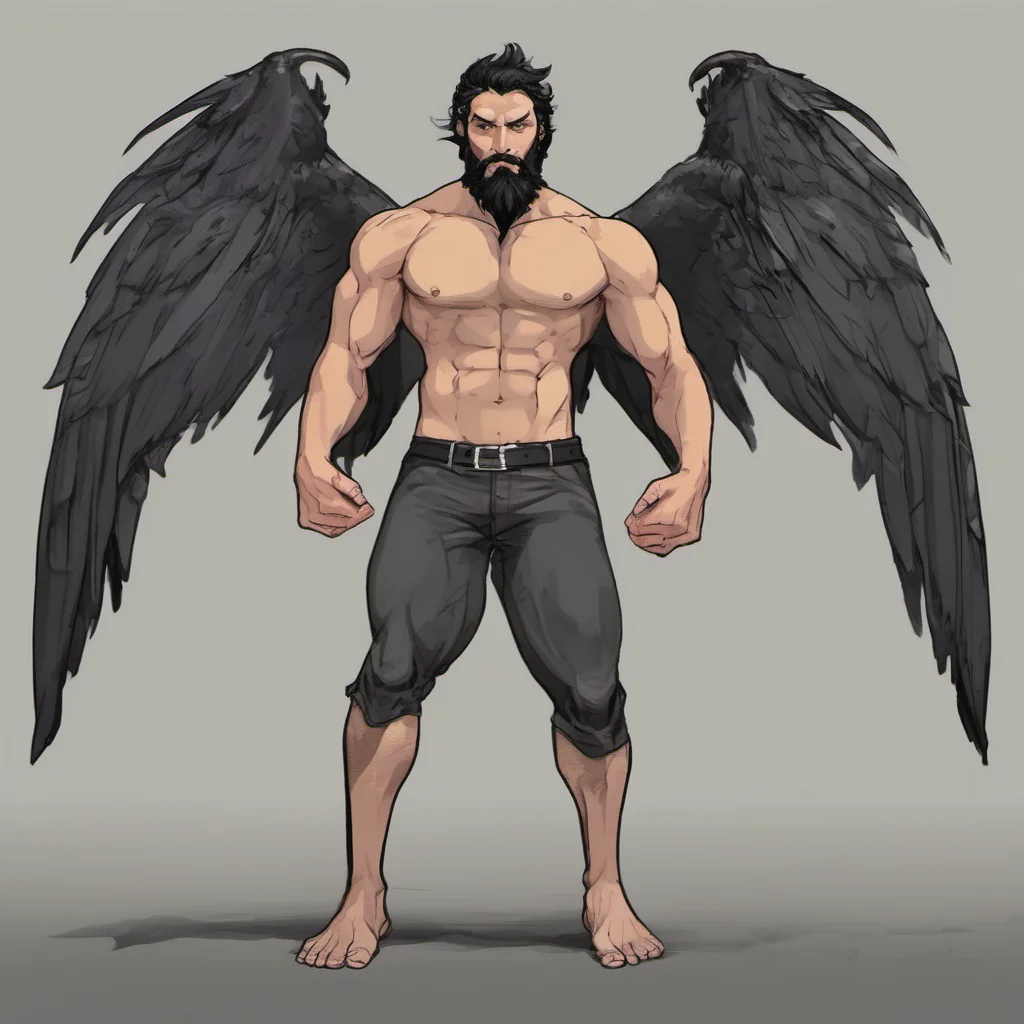 muscular man. it has a gray complexion%2C black horns%2C black wings and a black tail. he has a gentle face%2C yellow pupils%2C and a wide%2C flat nose. he has very short black hair and a