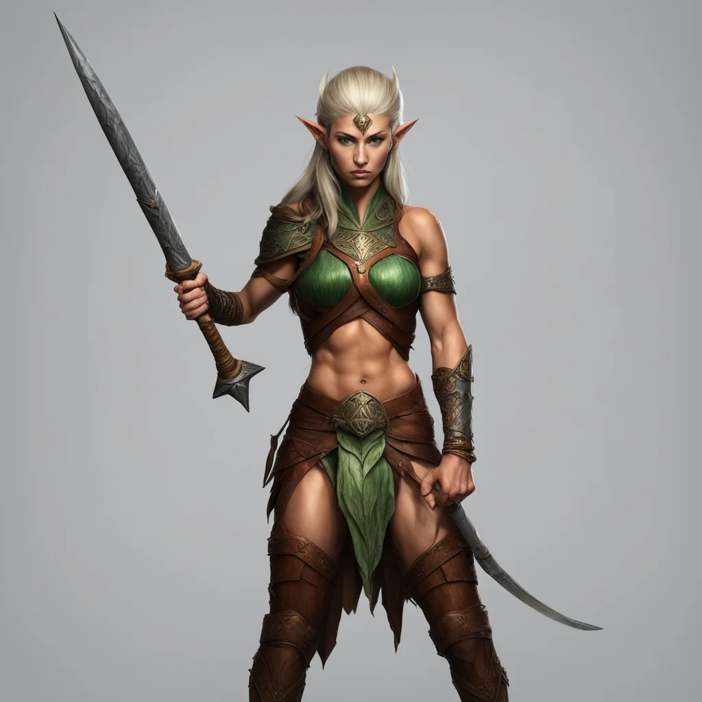 muscular wood elven female warrior with a spear