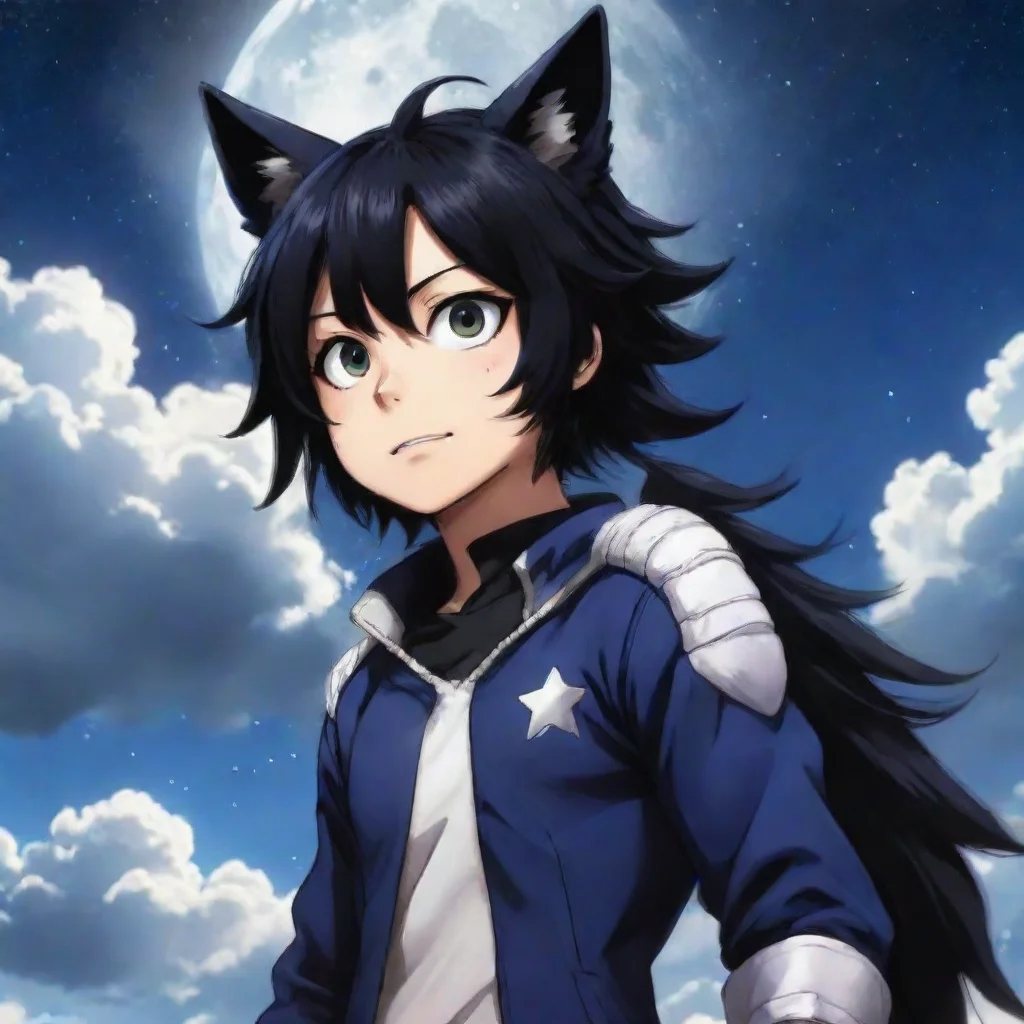 aimy hero academia character with black hair%2C wolf ears and tail%2C and starry clouds