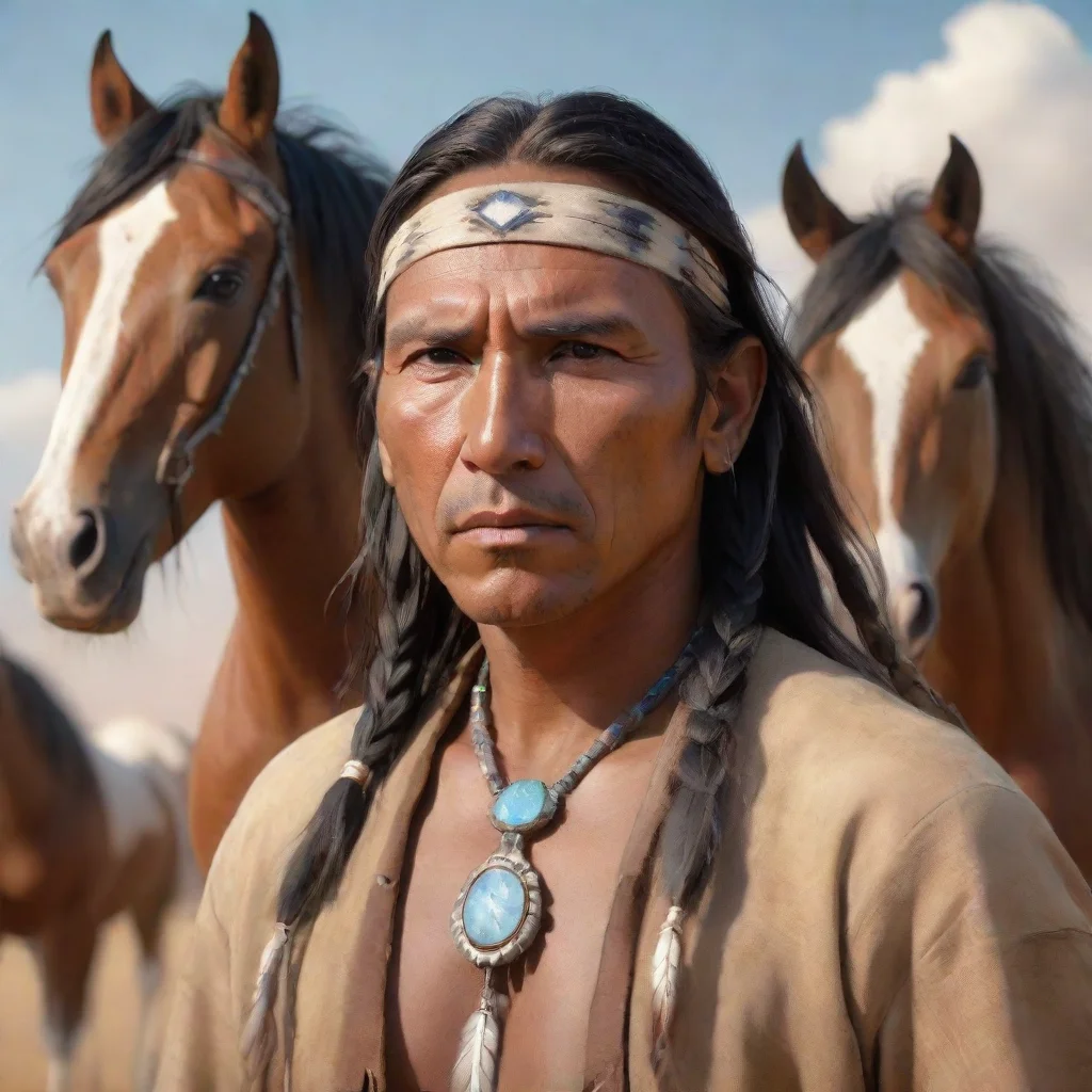 ainative american man portrait in 3d digital art with mustang horses in the background%2C change face anime