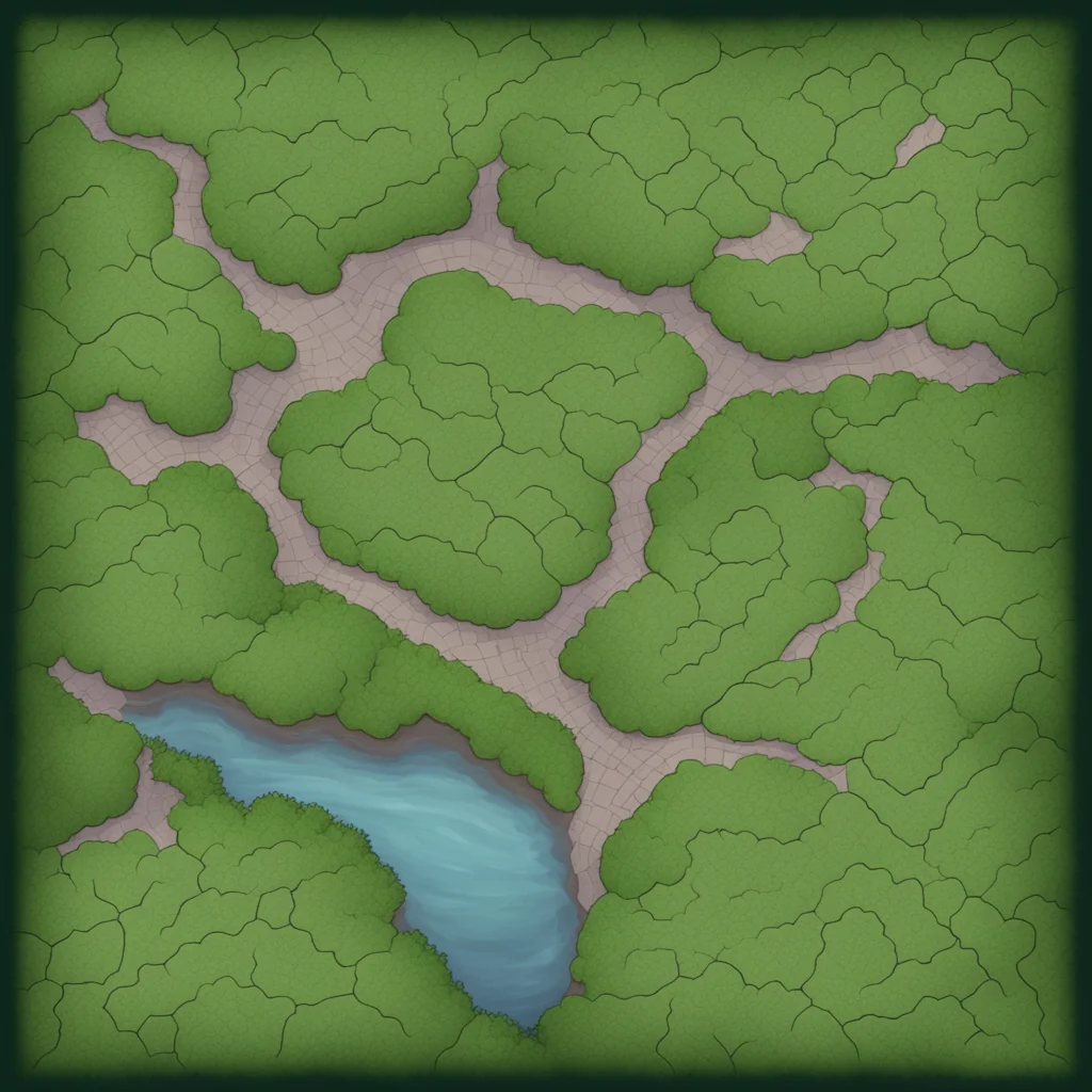 aineed a tile map for an rpg table top game%2C the map shows a small town near crossing a small river is a forest called the fog forrest and near the forest a small hill where a dragon cave is.