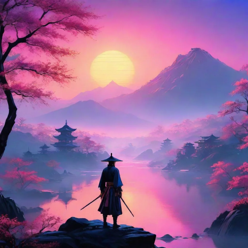 neon landscape samurai lovely picturesque looking at sunrise