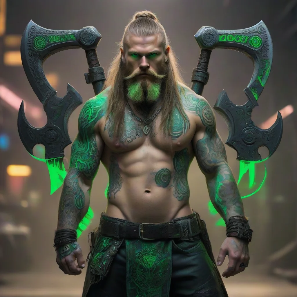 aineon tattooed cyberpunk viking double axe wild beard long hair matrix green