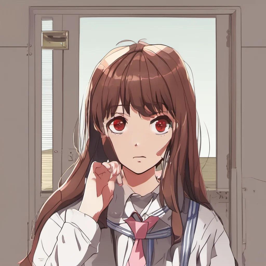 nervous brown haired red eyed schoolgirl
