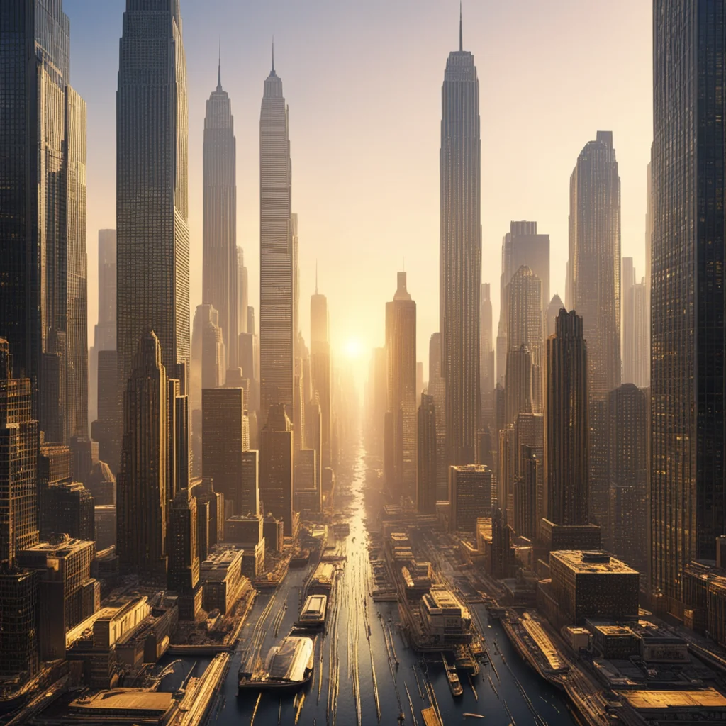 ainew york city in year 3000%2C a view in the morning with golden light confident engaging wow artstation art 3