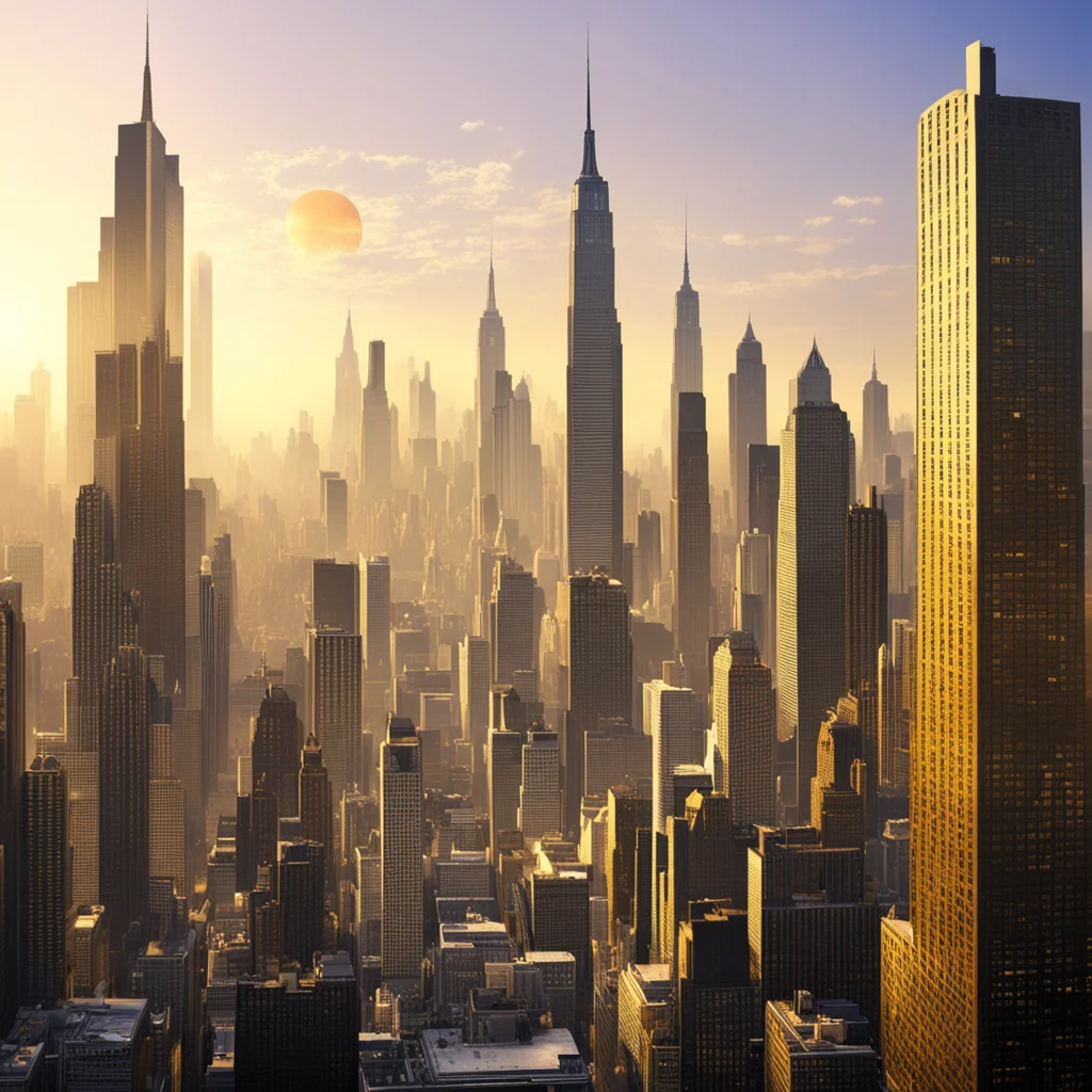 ainew york city in year 3000%2C a view in the morning with golden light