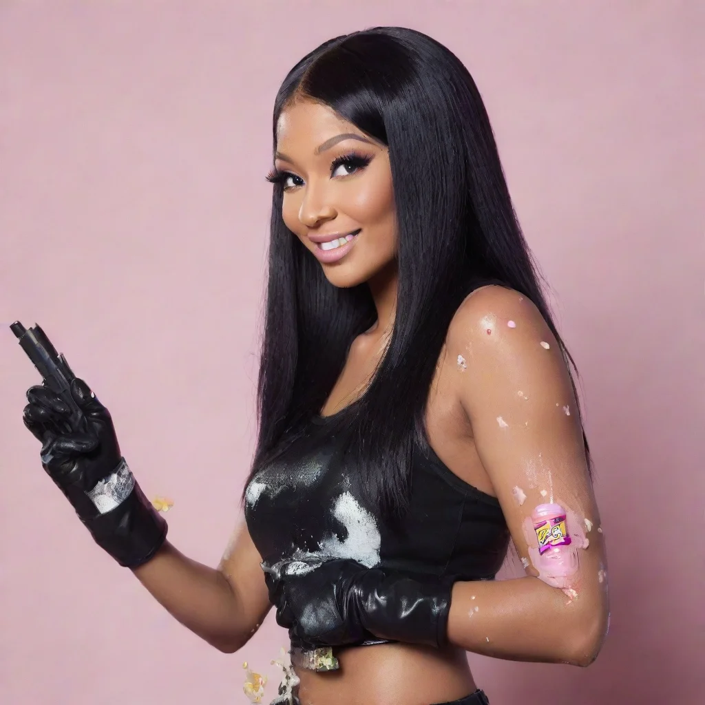 nicki minaj smiling with black deluxe nitrile  gloves and gun and mayonnaise splattered everywhere