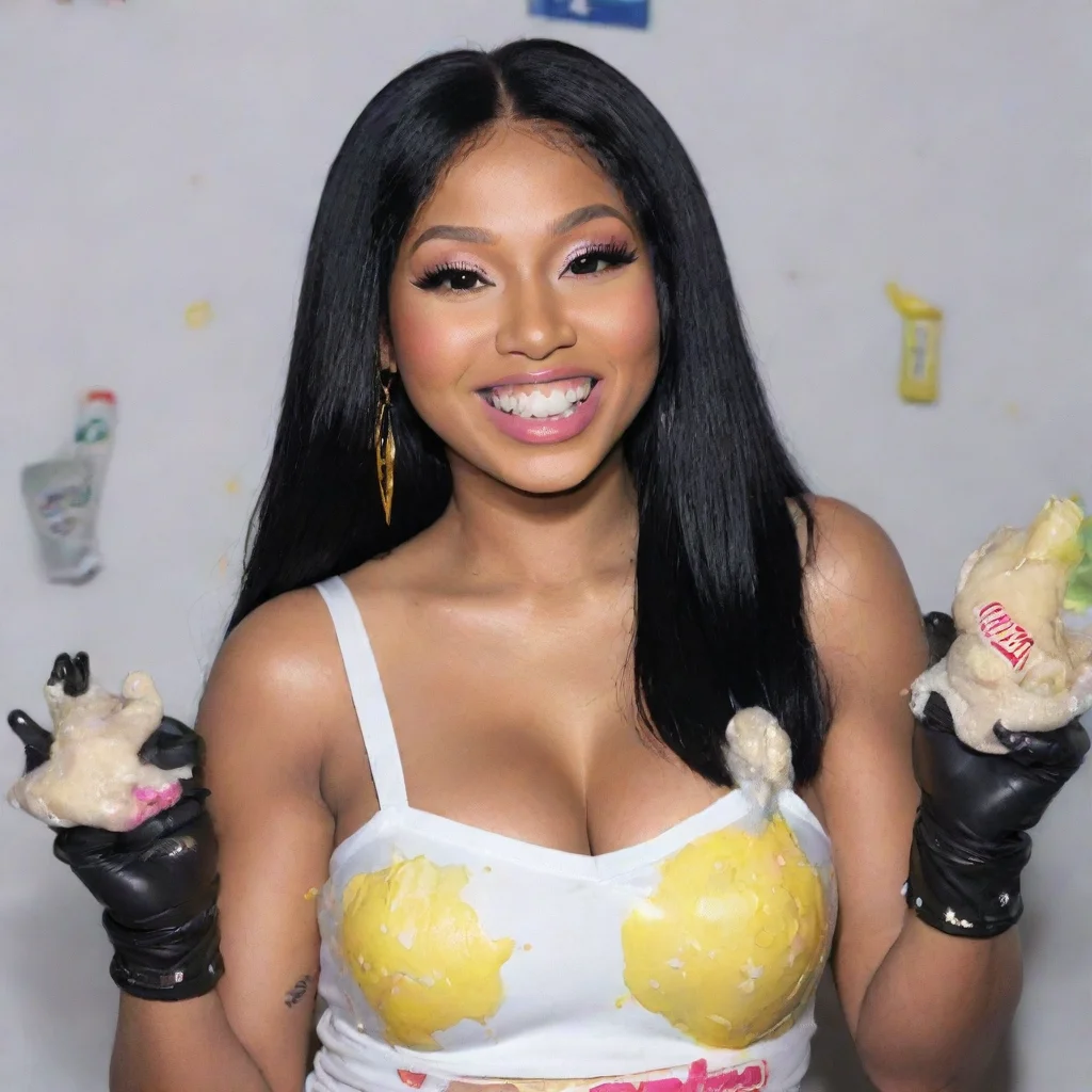 ainicki minaj smiling with black deluxe nitrile gloves and gun and mayonnaise splattered everywhere