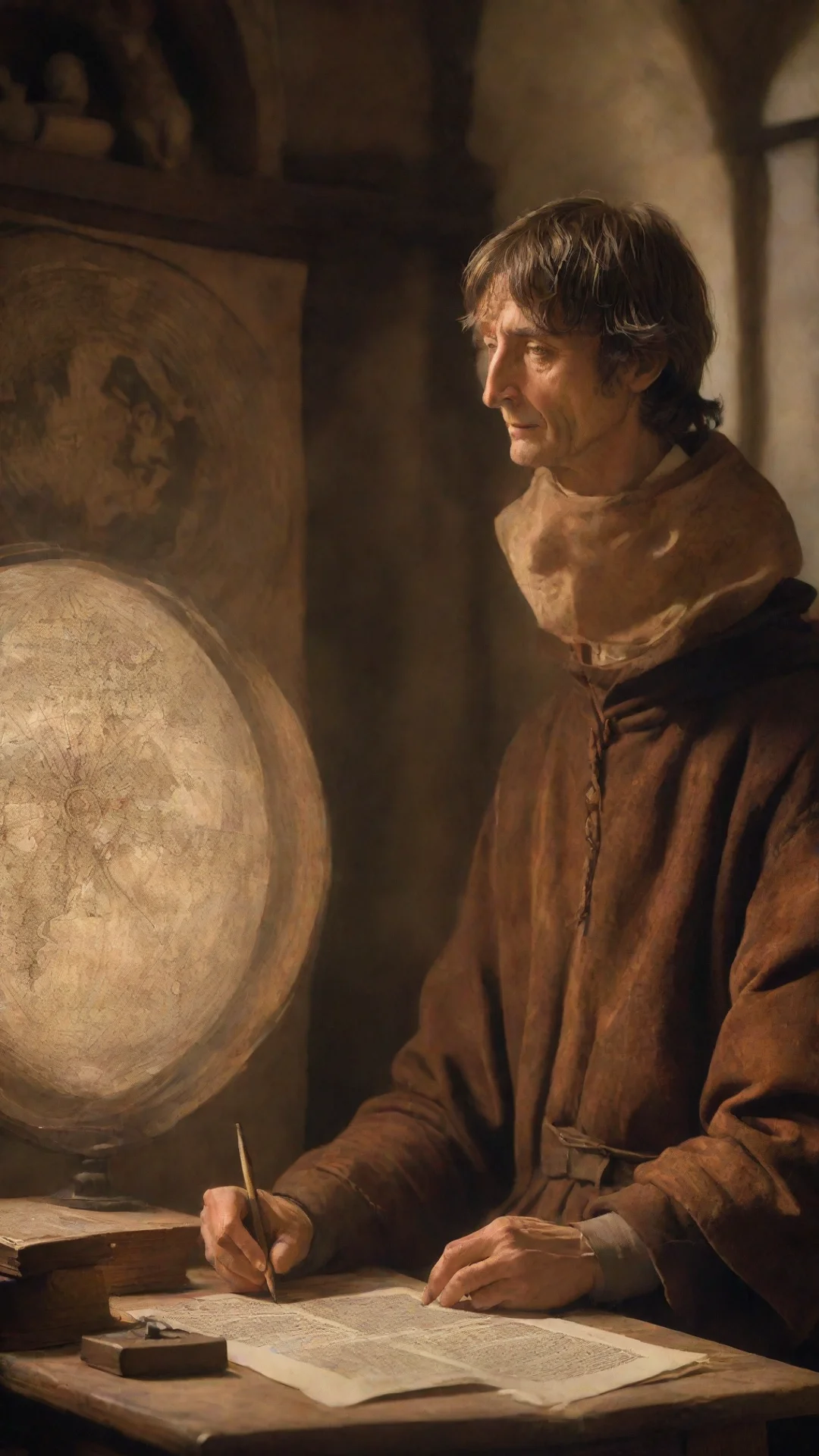 ainicolaus copernicus studies on his heliocentric idea in a christian monastery in the morning%2C medieval%2C beautiful lighting%2C pyrography tall