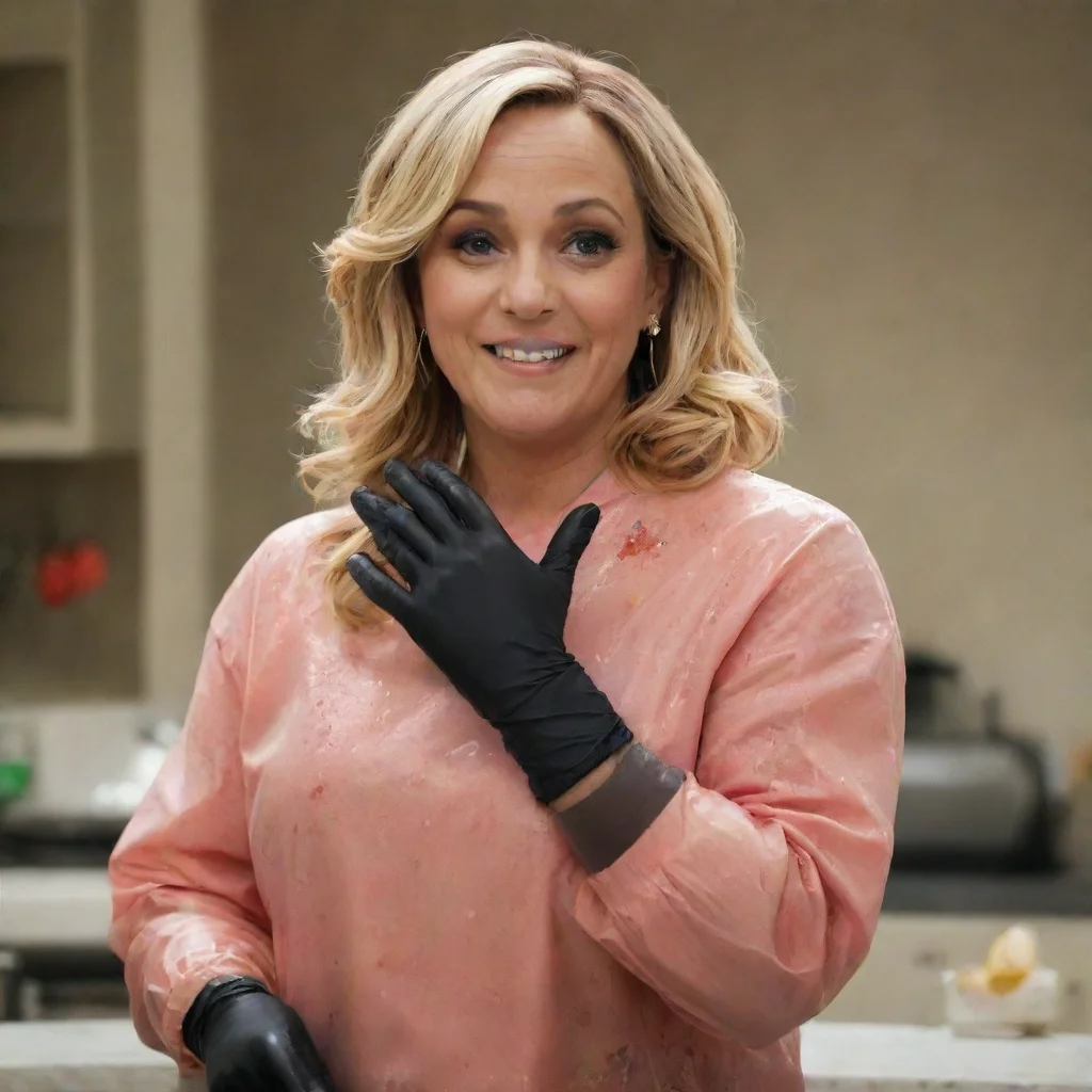 ainicole sullivan from blackish  smiling with black nitrile gloves and gun and mayonnaise splattered everywhere