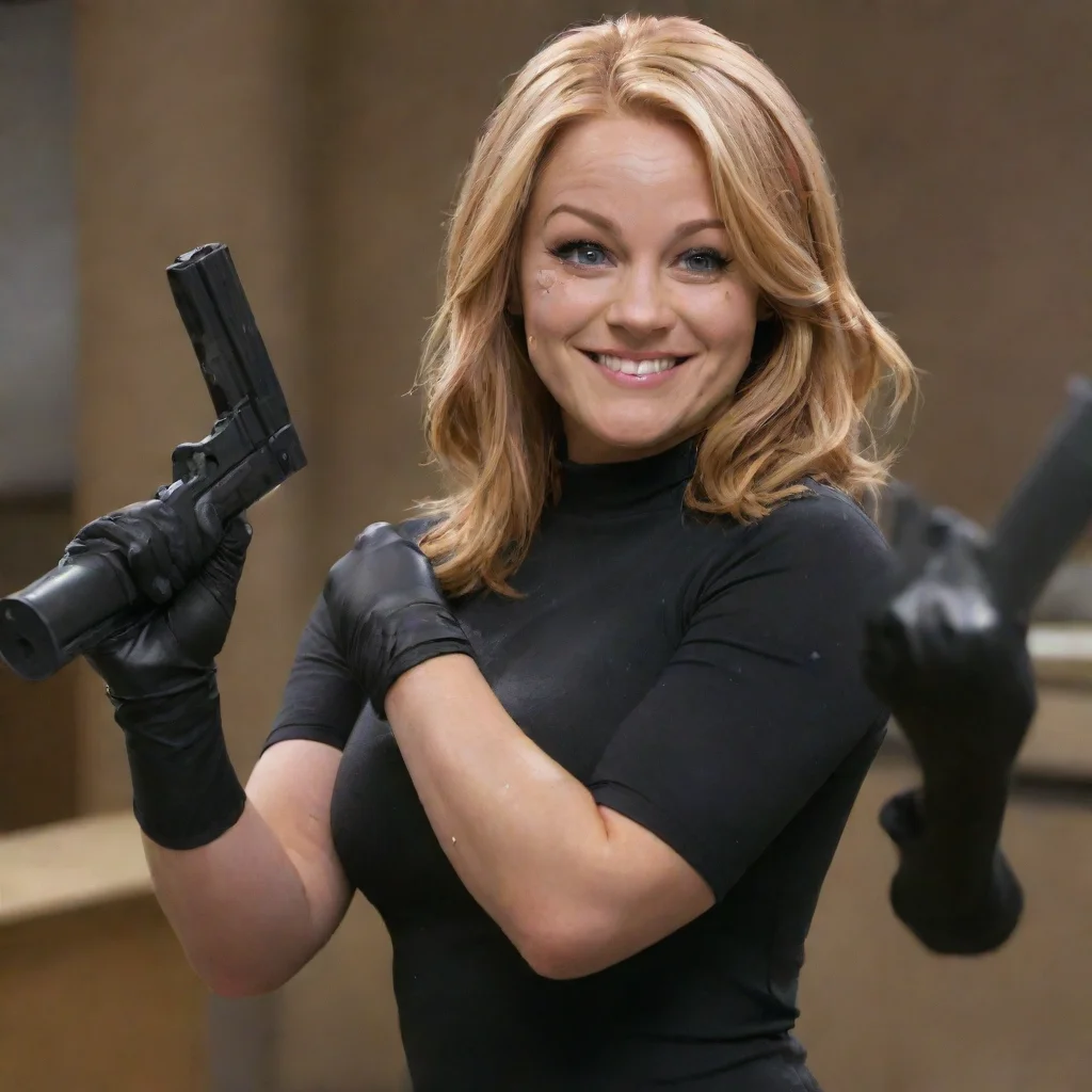 ainicole sullivan from kim possible  smiling with black nitrile gloves and gun and mayonnaise splattered everywhere