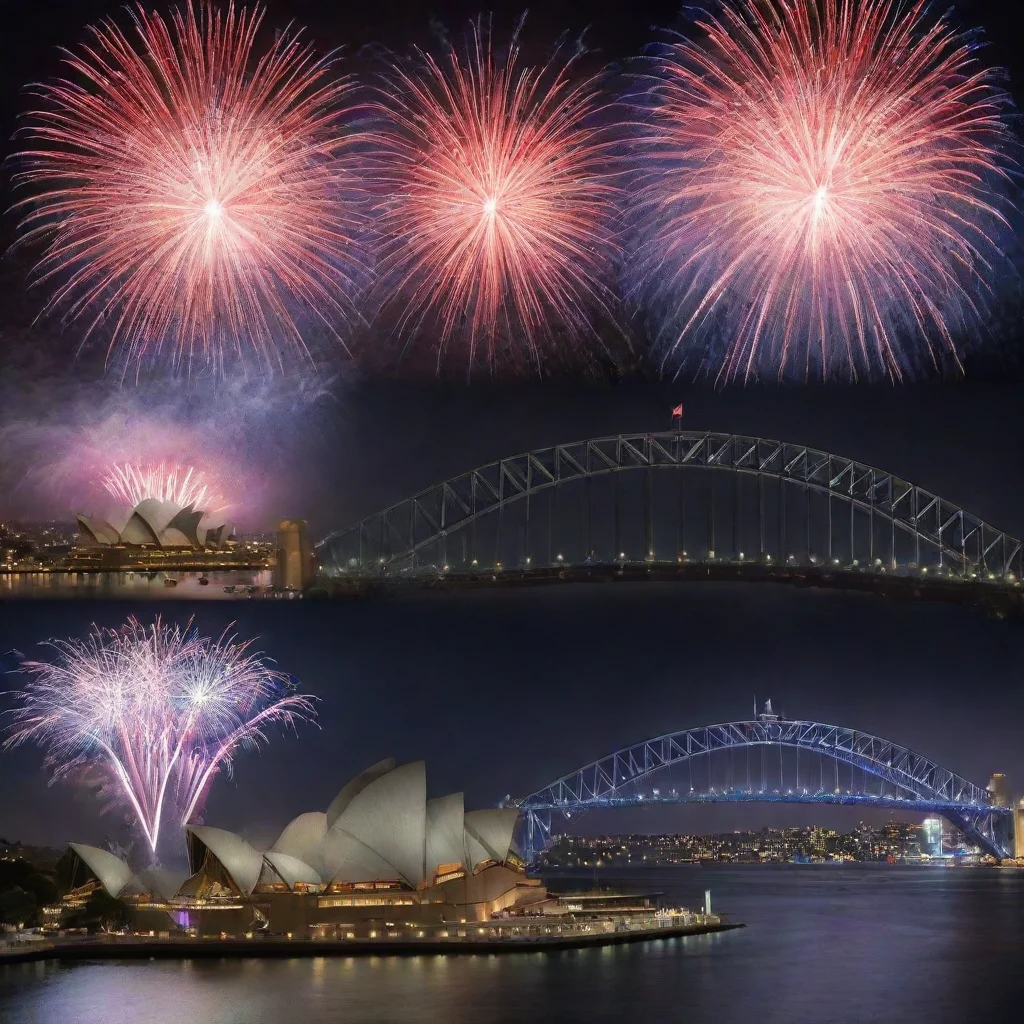 ainight scenes of sydney opera house and harbour bridge with fireworks and thunder lighting 