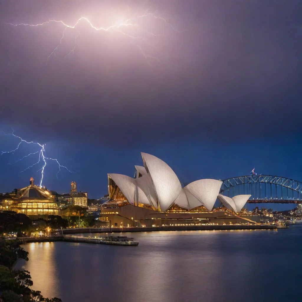 ainight scenes of sydney opera house and harbour bridge with thunder lighting 