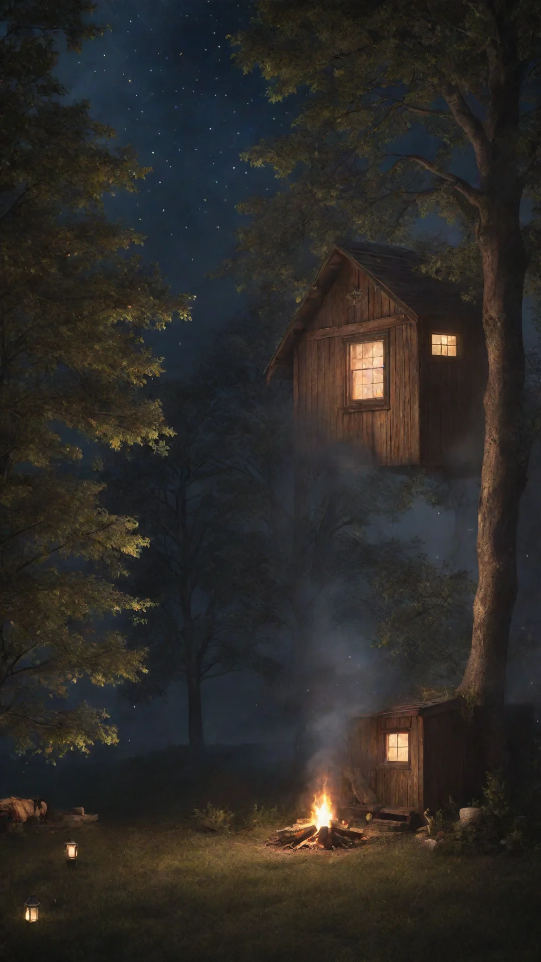 ainight time shed with stars and trees with a warm glow from the windows and a smoking fire. magical and hyper realistic tall