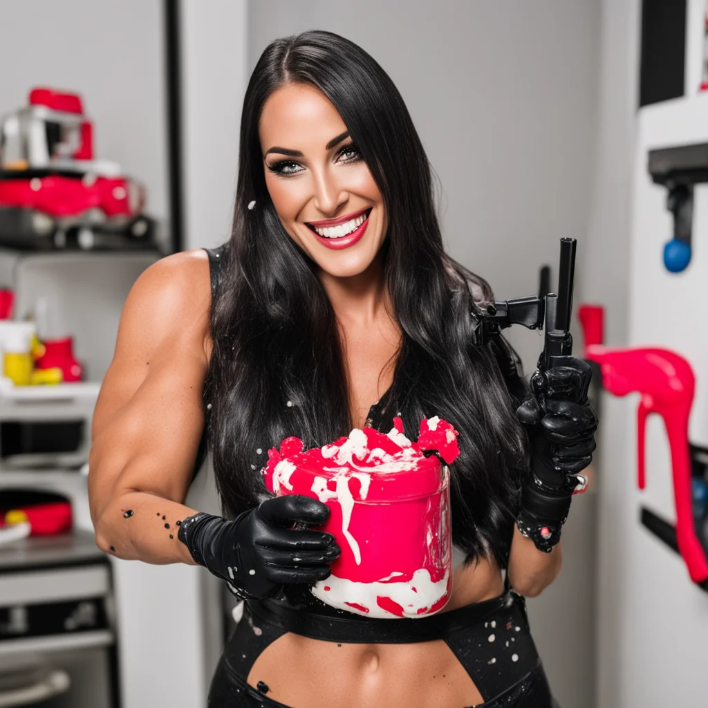 nikki bella  smiling with black nitrile gloves holding a gun  and mayonnaise splattered everywhere