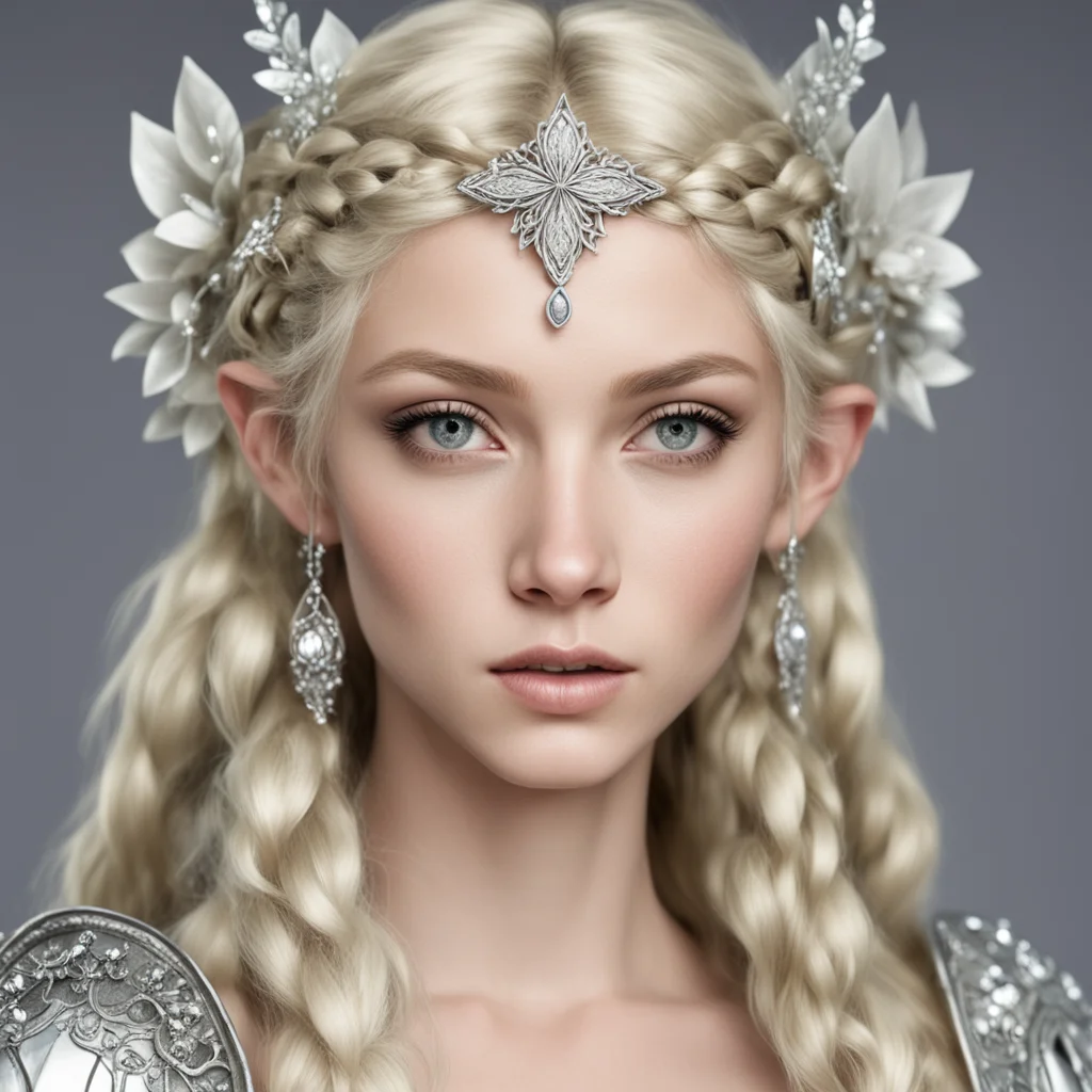 ainimrodel with blond hair with braids wearing silver flower elven circlet with diamonds confident engaging wow artstation art 3