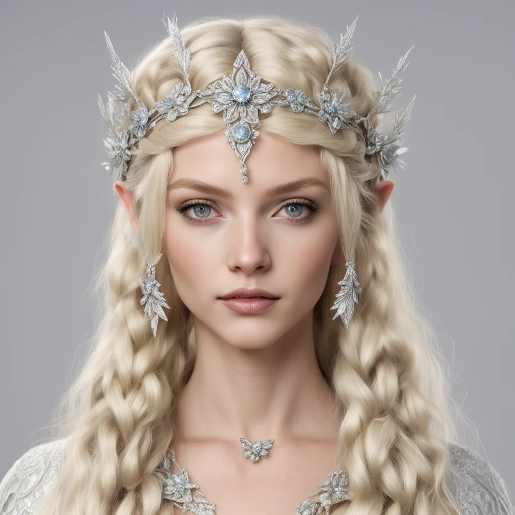 ainimrodel with blond hair with braids wearing silver flower elven circlet with diamonds