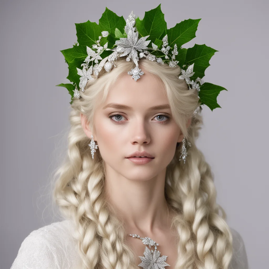 ainimrodel with blond hair with braids wearing silver holly leaf circlet with diamonds amazing awesome portrait 2