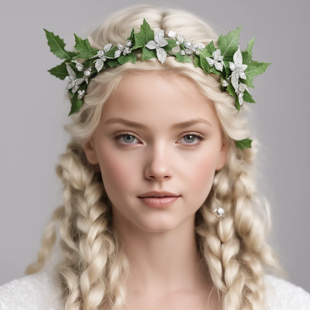 ainimrodel with blond hair with braids wearing silver holly leaf circlet with diamonds confident engaging wow artstation art 3