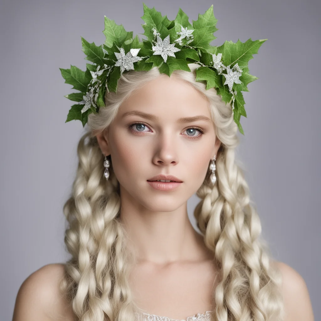 ainimrodel with blond hair with braids wearing silver holly leaf circlet with diamonds good looking trending fantastic 1