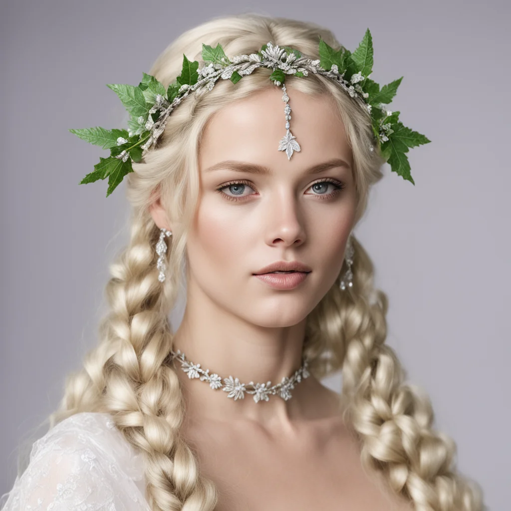 ainimrodel with blond hair with braids wearing silver holly leaf circlet with diamonds
