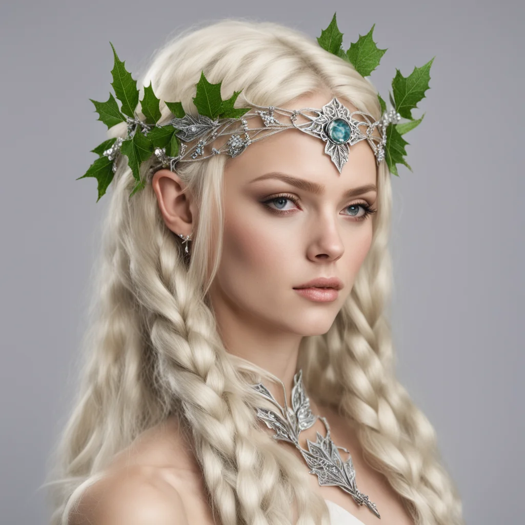 ainimrodel with blond hair with braids wearing silver holly leaves elven circlet with diamonds amazing awesome portrait 2