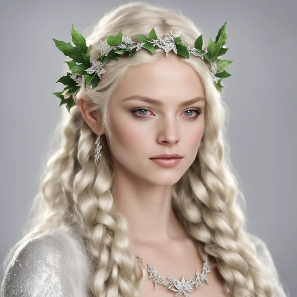 nimrodel with blond hair with braids wearing silver holly leaves elven circlet with diamonds confident engaging wow artstation art 3
