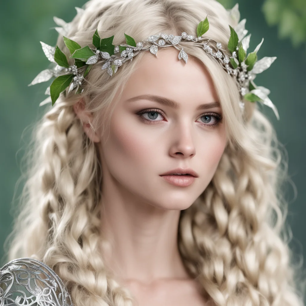 ainimrodel with blond hair with braids wearing silver holly leaves elven circlet with diamonds good looking trending fantastic 1