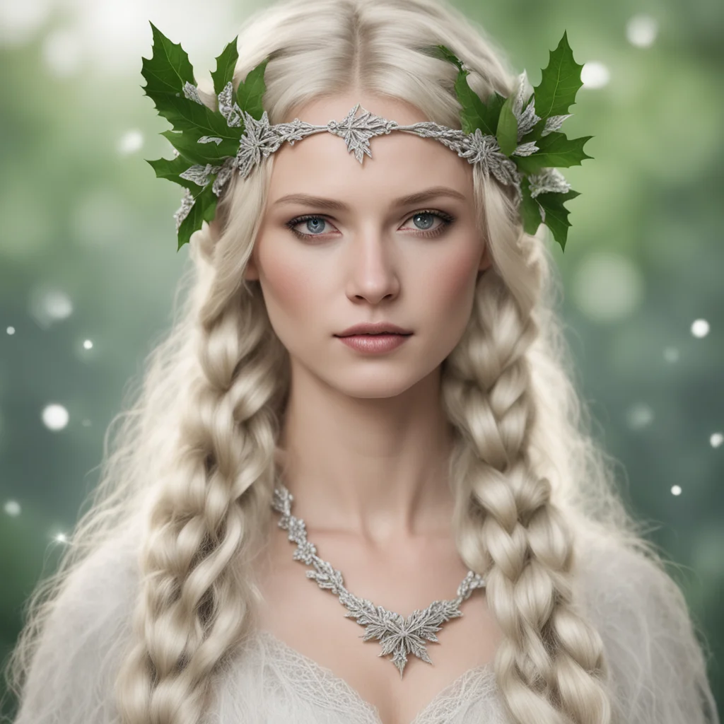 ainimrodel with blond hair with braids wearing silver holly leaves elven circlet with diamonds