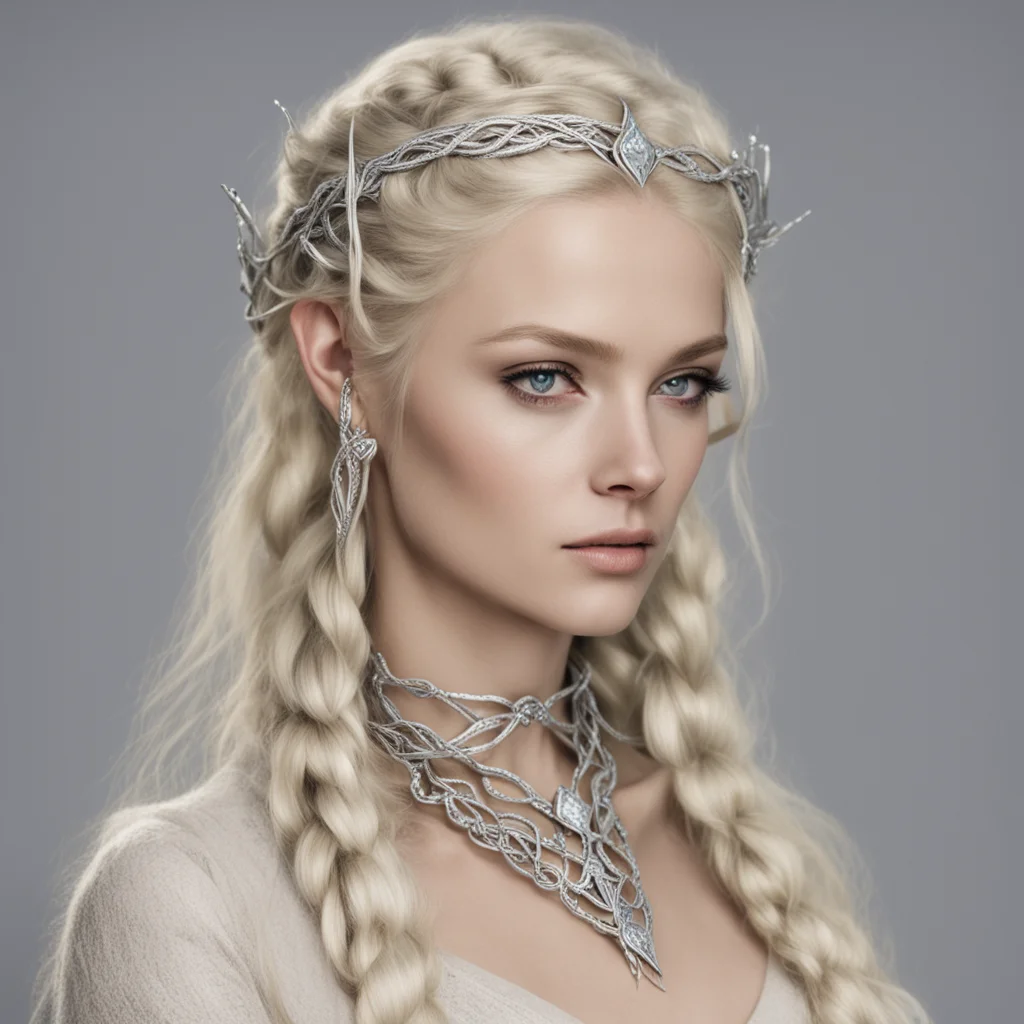 nimrodel with blond hair with braids wearing silver serpent intertwined elven circlet with diamonds good looking trending fantastic 1