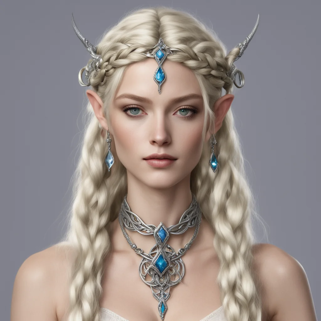 nimrodel with blond hair with braids wearing silver serpent intertwined elven circlet with diamonds
