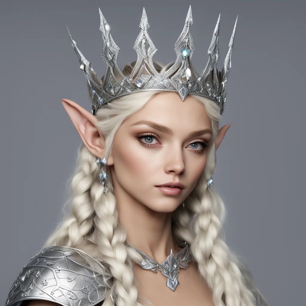 ainimrodel with blond hair with braids wearing silver wood elf crown with diamonds